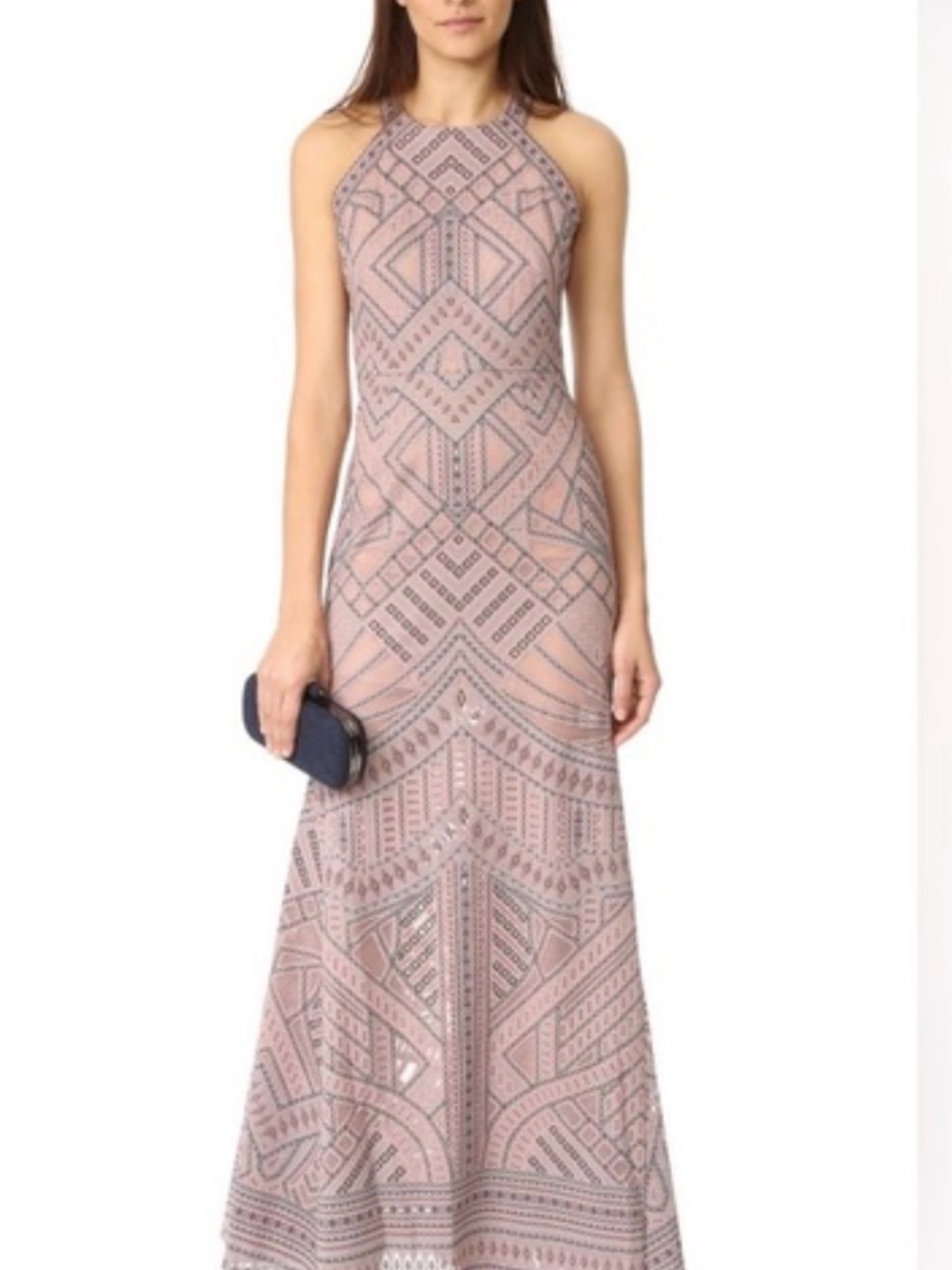 BCBGMaxAzria Blush Pink Geometric Embellished Halter Maxi Dress